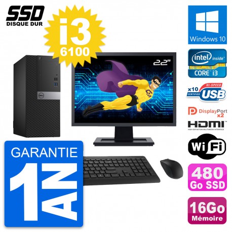 PC Tour Dell 7040 Ecran 22" Core i3-6100 RAM 16Go SSD 480Go HDMI Windows 10 Wifi