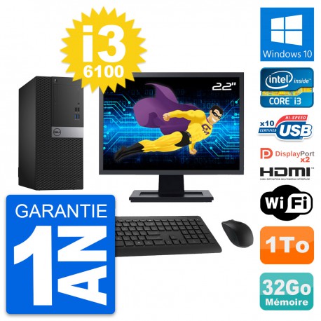 PC Tour Dell 7040 Ecran 22" i3-6100 RAM 32Go Disque 1To HDMI Windows 10 Wifi