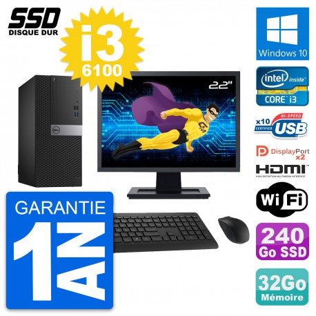 PC Tour Dell 7040 Ecran 22" Core i3-6100 RAM 32Go SSD 240Go HDMI Windows 10 Wifi