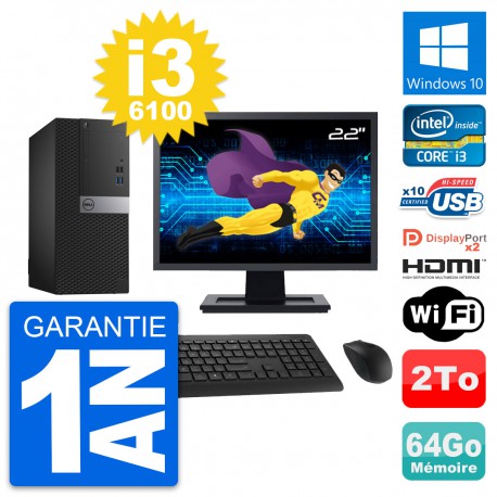 PC Tour Dell 7040 Ecran 22" i3-6100 RAM 64Go Disque 2To HDMI Windows 10 Wifi