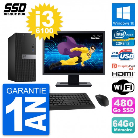 PC Tour Dell 7040 Ecran 22" Core i3-6100 RAM 64Go SSD 480Go HDMI Windows 10 Wifi