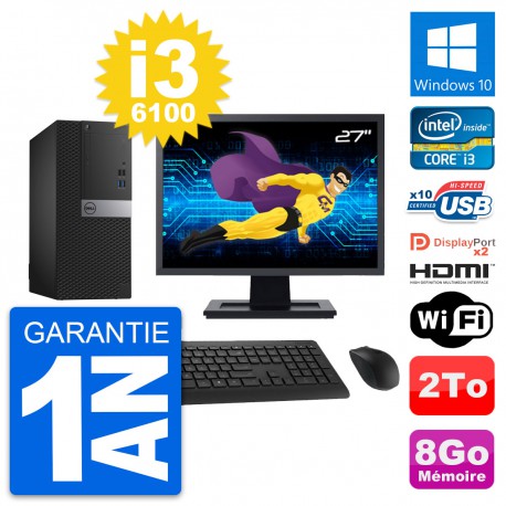 PC Tour Dell 7040 Ecran 27" Core i3-6100 RAM 8Go Disque 2To HDMI Windows 10 Wifi