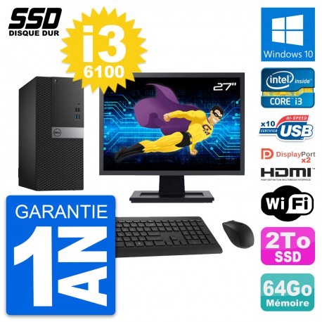 PC Tour Dell 7040 Ecran 27" Intel i3-6100 RAM 64Go SSD 2To HDMI Windows 10 Wifi
