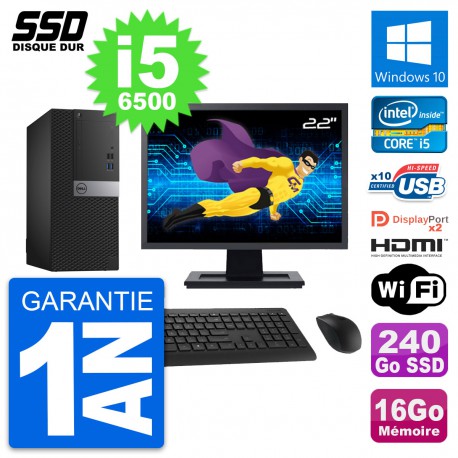 PC Tour Dell 7040 Ecran 22" Core i5-6500 RAM 16Go SSD 240Go HDMI Windows 10 Wifi