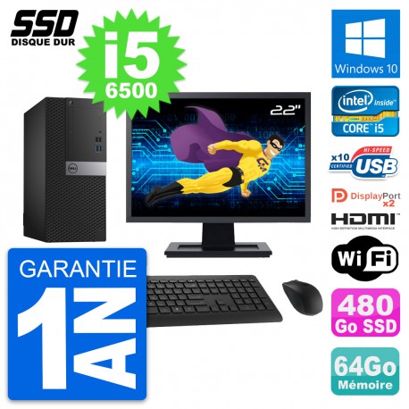 PC Tour Dell 7040 Ecran 22" Core i5-6500 RAM 64Go SSD 480Go HDMI Windows 10 Wifi