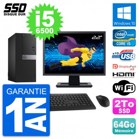 PC Tour Dell 7040 Ecran 22" Intel i5-6500 RAM 64Go SSD 2To HDMI Windows 10 Wifi