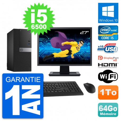 PC Tour Dell 7040 Ecran 27" i5-6500 RAM 64Go Disque 1To HDMI Windows 10 Wifi