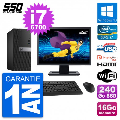 PC Tour Dell 7040 Ecran 22" Core i7-6700 RAM 16Go SSD 240Go HDMI Windows 10 Wifi