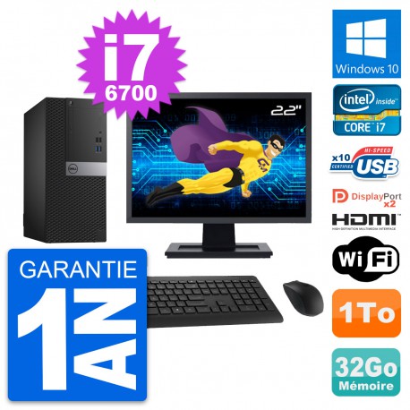 PC Tour Dell 7040 Ecran 22" i7-6700 RAM 32Go Disque 1To HDMI Windows 10 Wifi