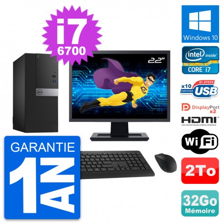 PC Tour Dell 7040 Ecran 22" i7-6700 RAM 32Go Disque 2To HDMI Windows 10 Wifi