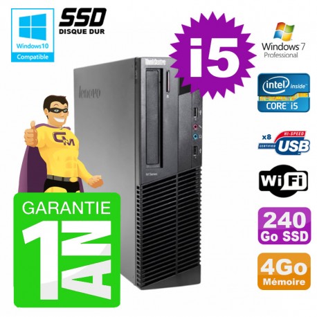 PC Lenovo M91p SFF Intel I5-2400 4Go Disque 240Go SSD Graveur Wifi W7
