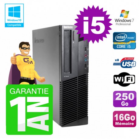 PC Lenovo M91p SFF Intel I5-2400 16Go Disque 250Go Graveur Wifi W7