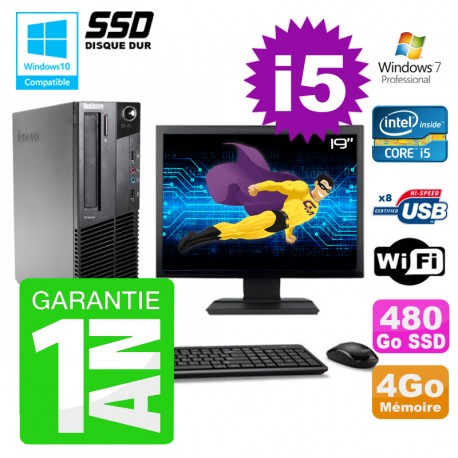 PC Lenovo M91p SFF Intel I5-2400 4Go Disque 480Go SSD Graveur Wifi W7 Ecran 19"