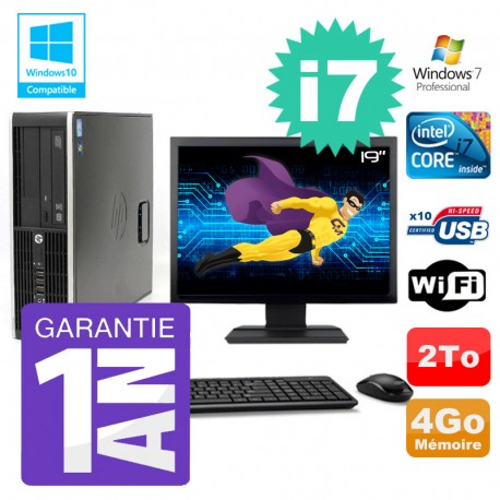 PC HP 8200 SFF Intel I7-2600 4Go Disque 2To Graveur Wifi W7 Ecran 19"