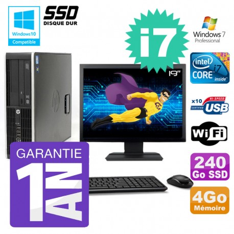 PC HP 8200 SFF Intel I7-2600 4Go Disque 240Go SSD Graveur Wifi W7 Ecran 19"