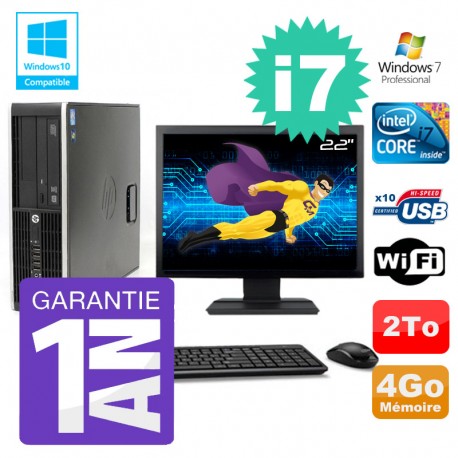 PC HP 8200 SFF Intel I7-2600 4Go Disque 2To Graveur Wifi W7 Ecran 22"