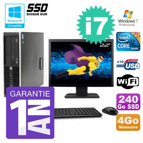 PC HP 8200 SFF Intel I7-2600 4Go Disque 240Go SSD Graveur Wifi W7 Ecran 22"