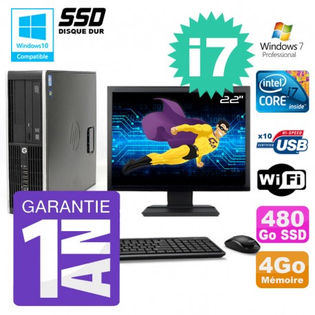 PC HP 8200 SFF Intel I7-2600 4Go Disque 480Go SSD Graveur Wifi W7 Ecran 22"