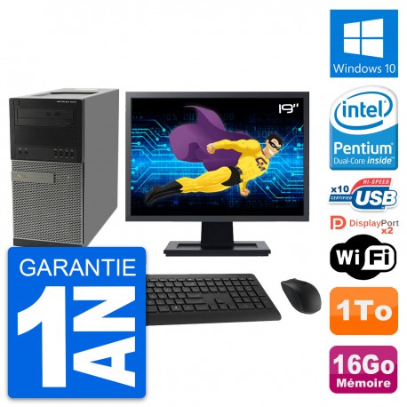 PC Tour Dell 9010 Ecran 19" Intel G630 RAM 16Go Disque Dur 1To Windows 10 Wifi