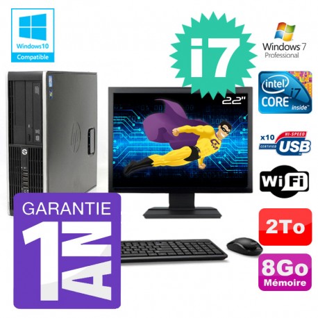 PC HP 8200 SFF Intel I7-2600 8Go Disque 2To Graveur Wifi W7 Ecran 22"