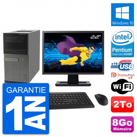 PC Tour Dell 9010 Ecran 22" Intel G630 RAM 8Go Disque Dur 2To Windows 10 Wifi