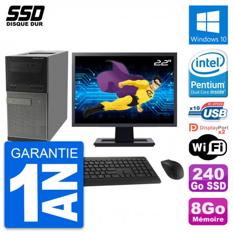 PC Tour Dell OptiPlex 9010 Ecran 22" G630 RAM 8Go SSD 240Go Windows 10 Wifi