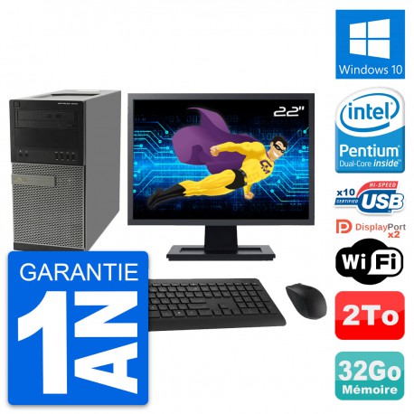 PC Tour Dell 9010 Ecran 22" Intel G630 RAM 32Go Disque Dur 2To Windows 10 Wifi