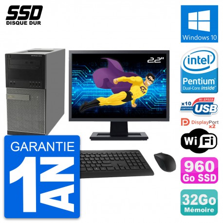 PC Tour Dell 9010 Ecran 22" Intel G630 RAM 32Go SSD 960Go Windows 10 Wifi
