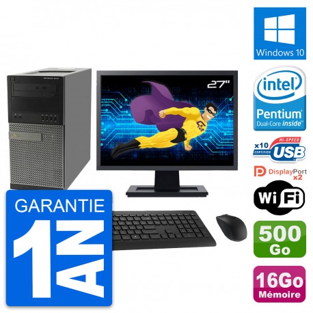 PC Tour Dell 9010 Ecran 27" Intel G630 RAM 16Go Disque Dur 500Go Windows 10 Wifi