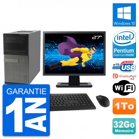 PC Tour Dell 9010 Ecran 27" Intel G630 RAM 32Go Disque Dur 1To Windows 10 Wifi