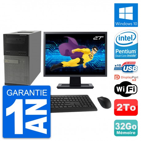 PC Tour Dell 9010 Ecran 27" Intel G630 RAM 32Go Disque Dur 2To Windows 10 Wifi