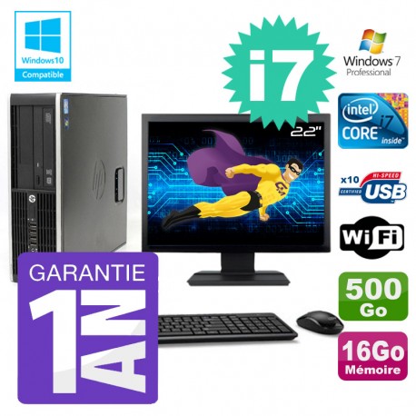 PC HP 8200 SFF Intel I7-2600 16Go Disque 500Go Graveur Wifi W7 Ecran 22"
