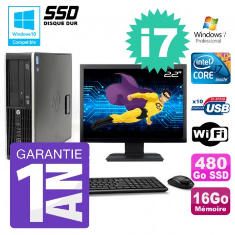 PC HP 8200 SFF Intel I7-2600 16Go Disque 480Go SSD Graveur Wifi W7 Ecran 22"