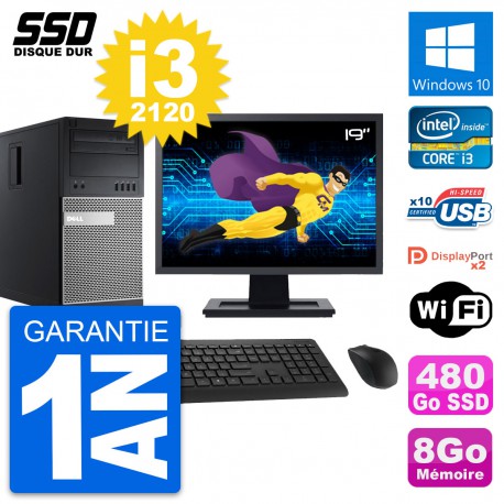 PC Tour Dell OptiPlex 9010 Ecran 19" i3-2120 RAM 8Go SSD 480Go Windows 10 Wifi