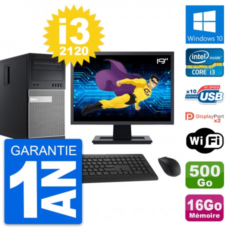 PC Tour Dell 9010 Ecran 19" Intel i3-2120 RAM 16Go Disque 500Go Windows 10 Wifi