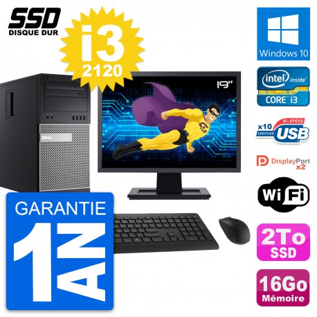 PC Tour Dell OptiPlex 9010 Ecran 19" i3-2120 RAM 16Go SSD 2To Windows 10 Wifi