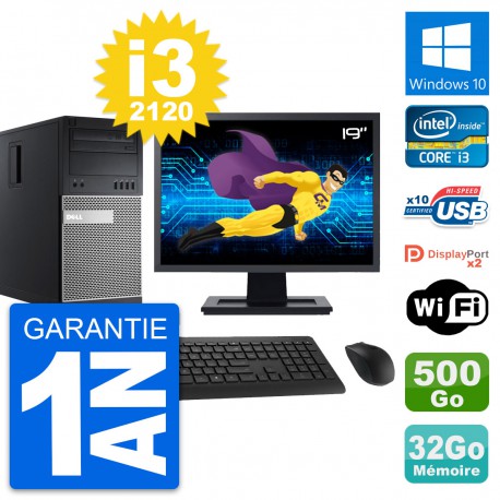 PC Tour Dell 9010 Ecran 19" Intel i3-2120 RAM 32Go Disque 500Go Windows 10 Wifi