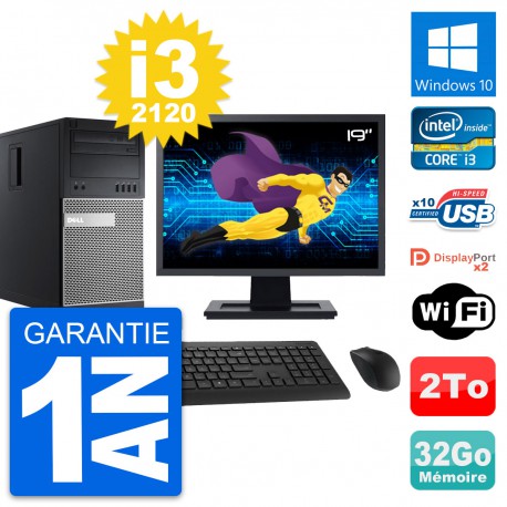 PC Tour Dell 9010 Ecran 19" Intel i3-2120 RAM 32Go Disque 2To Windows 10 Wifi