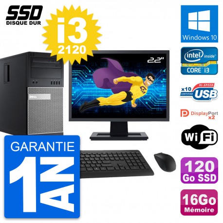 PC Tour Dell 9010 Ecran 22" Intel i3-2120 RAM 16Go SSD 120Go Windows 10 Wifi