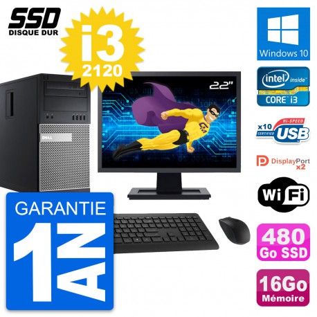 PC Tour Dell 9010 Ecran 22" Intel i3-2120 RAM 16Go SSD 480Go Windows 10 Wifi
