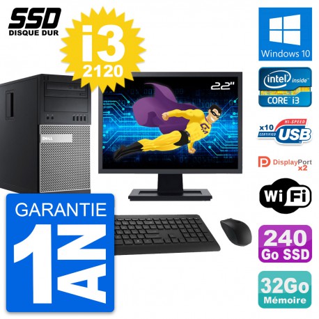 PC Tour Dell 9010 Ecran 22" Intel i3-2120 RAM 32Go SSD 240Go Windows 10 Wifi