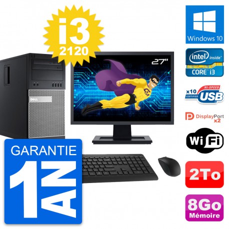 PC Tour Dell 9010 Ecran 27" Intel i3-2120 RAM 8Go Disque Dur 2To Windows 10 Wifi