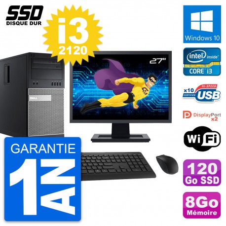 PC Tour Dell OptiPlex 9010 Ecran 27" i3-2120 RAM 8Go SSD 120Go Windows 10 Wifi