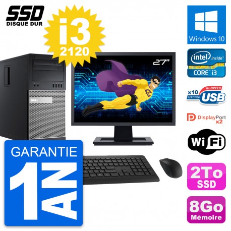 PC Tour Dell 9010 Ecran 27" Intel Core i3-2120 RAM 8Go SSD 2To Windows 10 Wifi