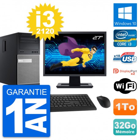 PC Tour Dell 9010 Ecran 27" Intel i3-2120 RAM 32Go Disque 1To Windows 10 Wifi