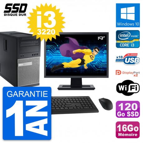 PC Tour Dell 9010 Ecran 19" Intel i3-3220 RAM 16Go SSD 120Go Windows 10 Wifi