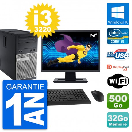 PC Tour Dell 9010 Ecran 19" Intel i3-3220 RAM 32Go Disque 500Go Windows 10 Wifi