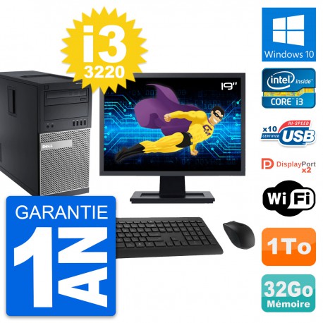 PC Tour Dell 9010 Ecran 19" Intel i3-3220 RAM 32Go Disque 1To Windows 10 Wifi