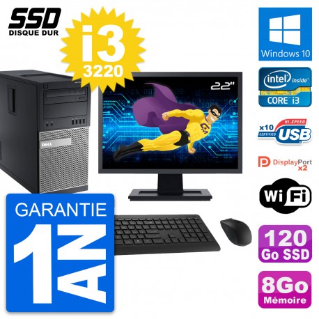 PC Tour Dell OptiPlex 9010 Ecran 22" i3-3220 RAM 8Go SSD 120Go Windows 10 Wifi