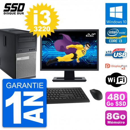PC Tour Dell OptiPlex 9010 Ecran 22" i3-3220 RAM 8Go SSD 480Go Windows 10 Wifi
